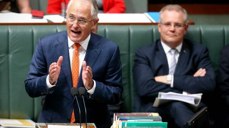 Prime Minister Malcolm Turnbull and Treasurer Scott Morrison during question time on Monday.  Photo: Alex Ellinghausen