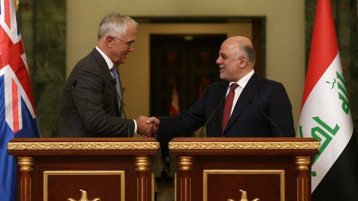 Prime Minister Malcolm Turnbull and Iraqi Prime Minister Haider al-Abadi. Photo: Alex Ellinghausen