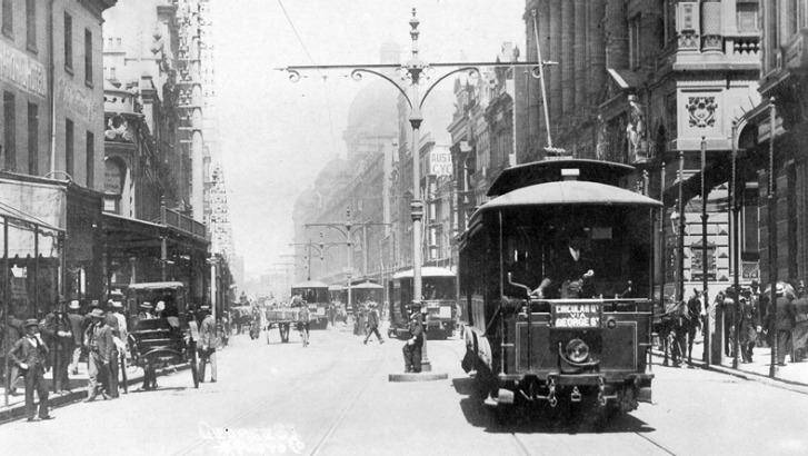 Trams run down George Street in the early 20th century.  Photo: Supplied