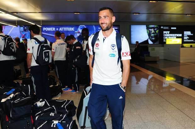 SPORT: Melbourne Victory soccer team arrive at Canberra airport ahead of their clash with Tuggeranong United on Tuesday evening. From left, Melbourne Victory player Carl Valeri.15th September 2014 . Photo by Melissa Adams of The Canberra Times. Photo: Melissa Adams MLA