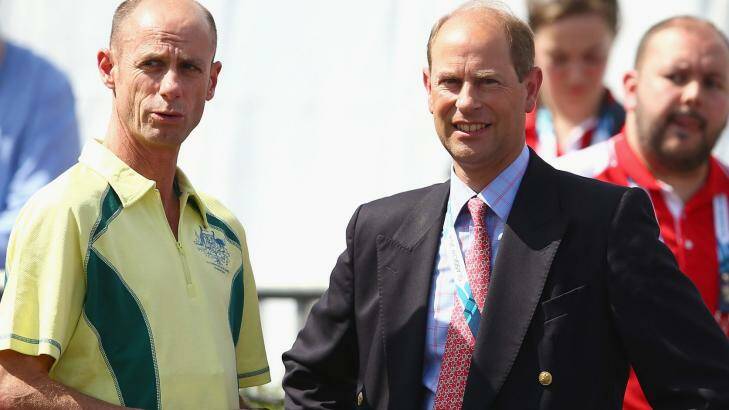 The very likable Australian chef de mission Steve Moneghetti speaks to Prince Edward in the Games village. Photo: Getty Image