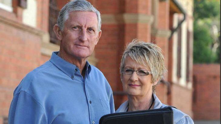Jason Plum's mother Debra Plum with her husband, Trevor Marks, outside Wagga Wagga court. Photo: Wagga Wagga Daily Advertiser
