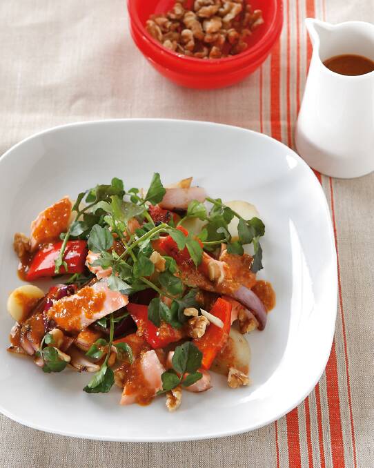 A colourful salmon salad with paprika-walnut dressing <a href="http://www.goodfood.com.au/good-food/cook/recipe/fish-watercress-and-capsicum-salad-with-paprikawalnut-dressing-20130722-2qej7.html"><b>(Recipe here).</b></a>