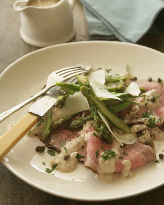Jill Dupleix's rare beef tonnato with capers and asparagus <a href="http://www.goodfood.com.au/good-food/cook/recipe/rare-beef-tonnato-with-capers-20111018-29weq.html"><b>(recipe here).</b></a> Photo: Marina Oliphant