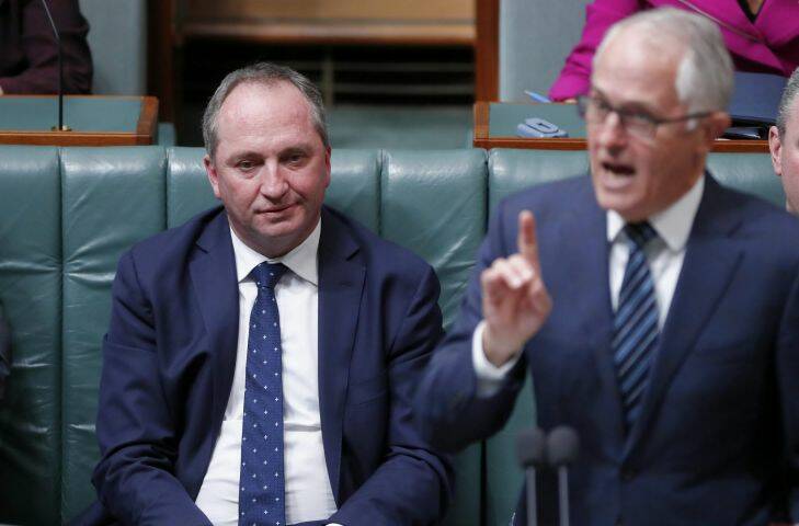 Deputy Prime Minister Barnaby Joyce and Prime Minister Malcolm Turnbull during Question Time at Parliament House in Canberra on Monday 14 August 2017. fedpol Photo: Alex Ellinghausen
