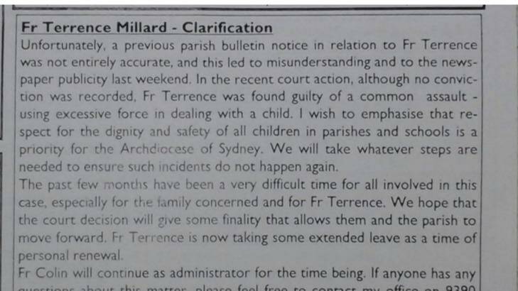 The clarification that appeared in the Parish newsletter after the church community was misled into believing the case against Father Millard had been dismissed. Photo: supplied