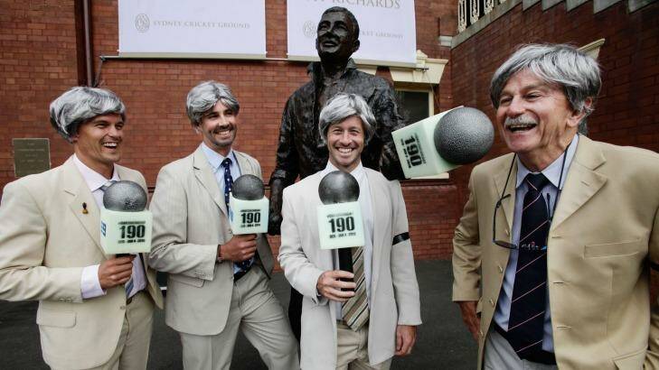 Good shot: Michael Hennessy (left) and fellow Richies show their affection for the great man of cricket. Photo: Fiona Morris Photo: Fiona Morris