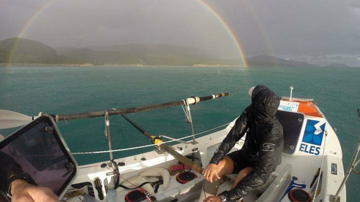 Spirit of Adventure winner Huw Kingston in his row boat 'Mr Hops' in Greece. Photo: Supplied