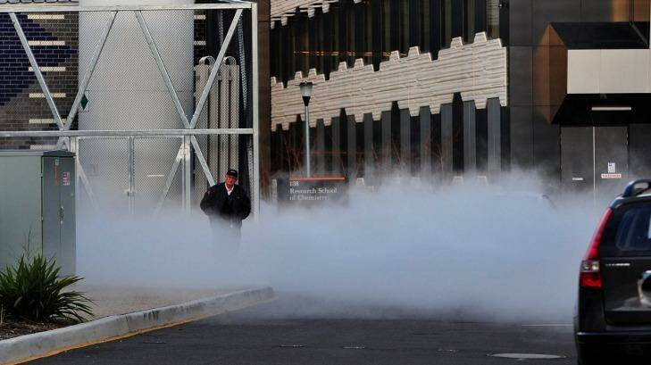 Nitrogen gas during a controlled release near the Science Teaching Building at the Australian National University. 5th July 2015. Photo by Melissa Adams of The Canberra Times. Photo: Melissa Adams 