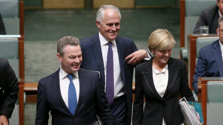 New Prime Minister Malcolm Turnbull arrives for question time with Christopher Pyne and Julie Bishop on Tuesday. Photo: Alex Ellinghausen