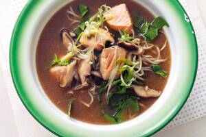 Soba noodle soup with salmon.