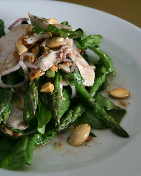 Steve Manfredi's chicken, almond and asparagus salad <a href="http://www.goodfood.com.au/good-food/cook/recipe/chicken-almond-and-asparagus-salad-20111019-29w12.html"><b>(recipe here).</b></a> Photo: Marco Del Grande