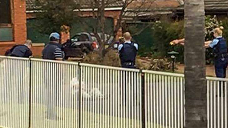 Armed police subdue Ihsas Khan after he allegedly stabbed Wayne Greenhalgh in Minto on Saturday. Photo: Supplied