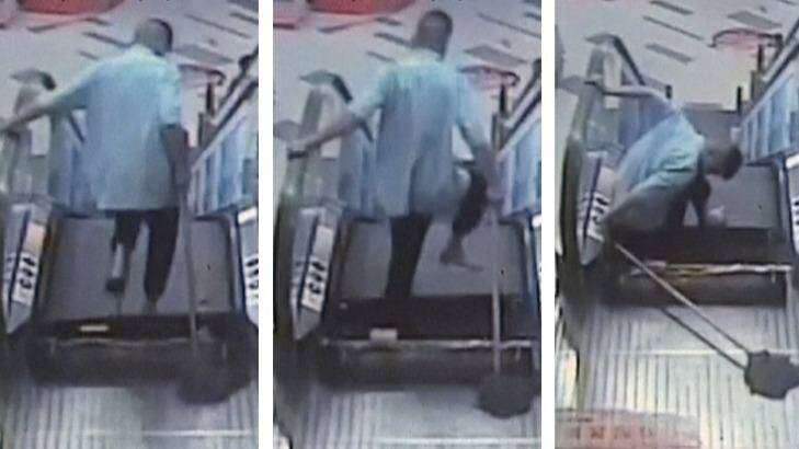 Zhang's leg gets caught in escalator at a shopping centre in Shanghai. Photo: Supplied