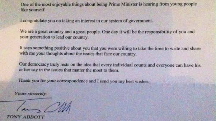 Claire Falls said she was angry and offended by this form response from Prime Minister Tony Abbott. Photo: Supplied