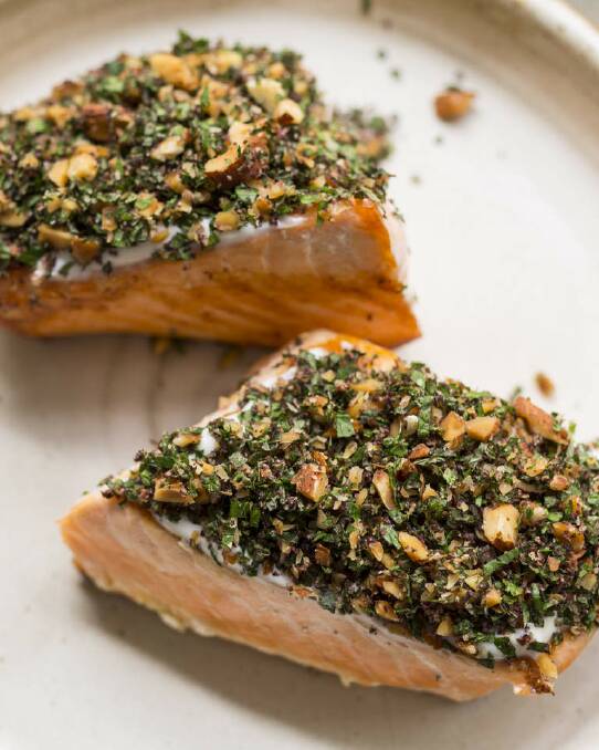 Middle Eastern crust: Frank Camorra's BBQ salmon with tahini and herbs <a href="http://www.goodfood.com.au/good-food/cook/recipe/barbecued-salmon-with-tahini-and-herbs-20140101-305jx.html"><b>(Recipe here).</b></a> Photo: Marina Oliphant