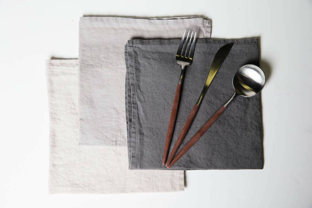 The combination of natural linen napkins with the brown resin handles of Cultipol Goa's new flatware is both eternally stylish and bang on trend. Napkins $15, flatware $360 a set, francalia.com.au. Photo: Supplied