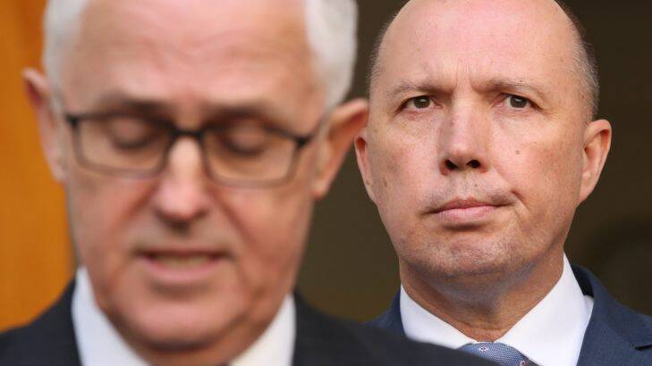Prime Minister Malcolm Turnbull announced Peter Dutton will become the Minister for Home Affairs at Parliament House in Canberra with Minister Michael Keating and Attorney-General Senator George Brandis on Tuesday 18 July 2017. Photo: Andrew Meares 