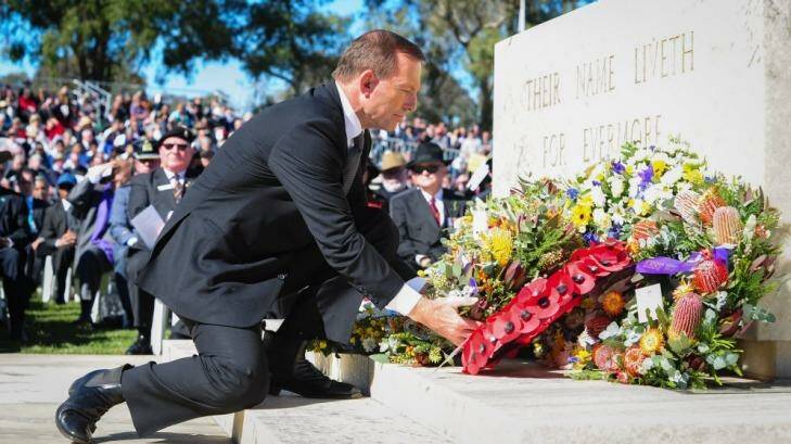 Tony Abbot at the Anzac Day ceremony at the Australian War Memorial, Canberra.  Photo: Katherine Griffiths