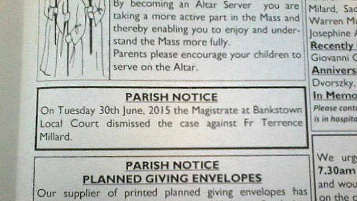 Misleading: An incorrect parish notice which wrongly told the church community that the case against Father Millard had been dismissed. Photo: supplied