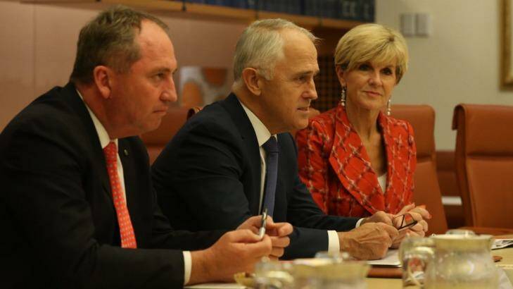 Prime Minister and Liberal leader Malcolm Turnbull with Nationals leader and Deputy Prime Minister Barnaby Joyce and deputy Liberal leader Julie Bishop. Photo: Andrew Meares