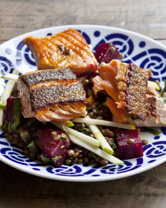 A warm and tasty salad with lentils, beetroot, apple and grilled salmon <a href="http://www.goodfood.com.au/good-food/cook/recipe/lentil-salad-with-beetroot-apple-and-grilled-salmon-20130513-2jh5q.html"><b>(Recipe here).</b></a> Photo: Marina Oliphant
