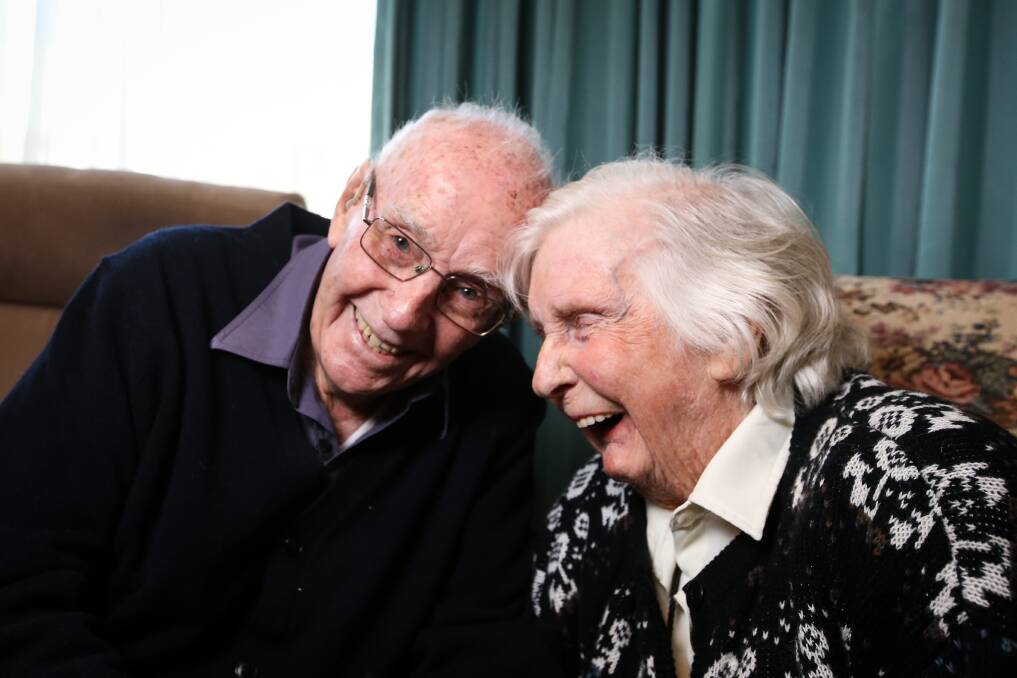 LAUGHTER: Harry and Nell Johnson prepare to celebrate Nell's 100th birthday at Westmont Homestead, Baranduda. Picture: JAMES WILTSHIRE