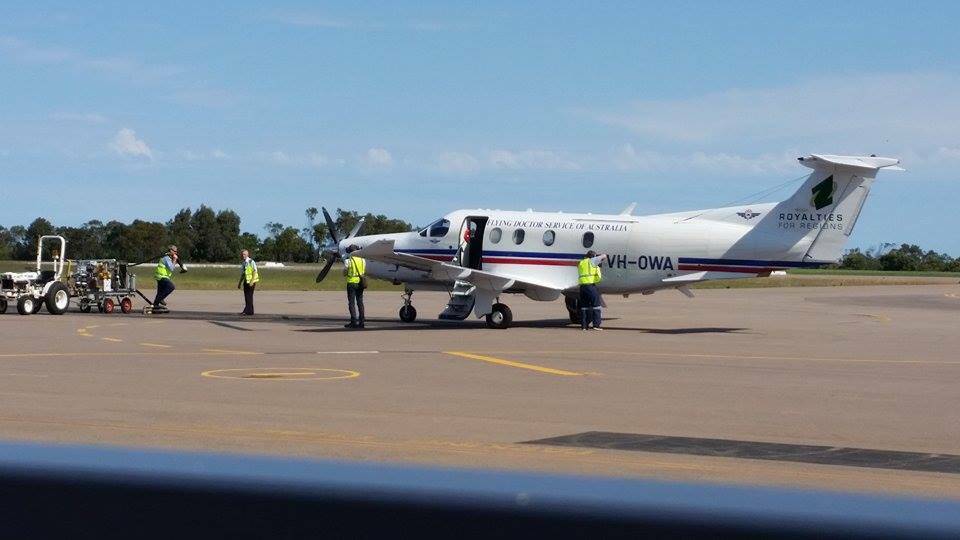 The Royal Flying Doctor Service plane arrived at Esperance Airport at 2:15pm to pick up the shark attack victim and transport him to Perth for further medical treatment. Photo: Esperance Express.
