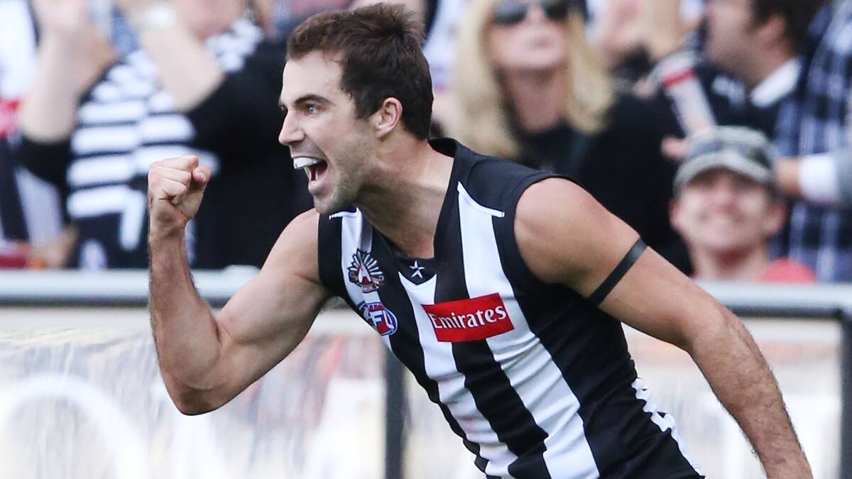 Steele Sidebottom of the Magpies celebrates a goal. Photo: Getty Images.