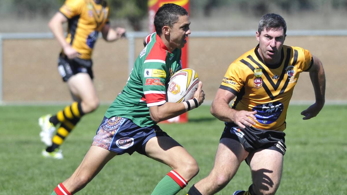 Group 9. Gundagai v Brothers. Brothers' Josh Trindall and Gundagai's Mat Rose. Picture: Les Smith 