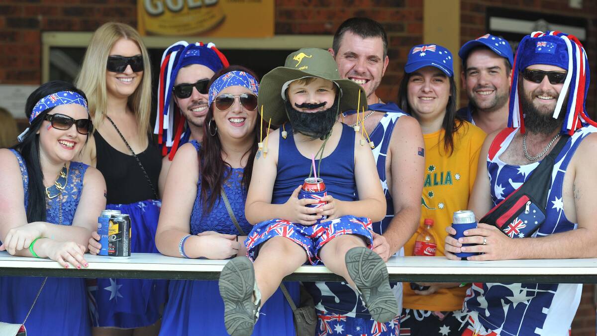 Amber Grentell, Jordan Saunders, Aaron Suckling, Renee McCurdy, Reily McCurdy, 7, Anthony Briggs, Erin Bird, Matthew Potter and Nathan Arundell of Wagga enjoy the Australia Day Races last year. Picture: Oscar Colman