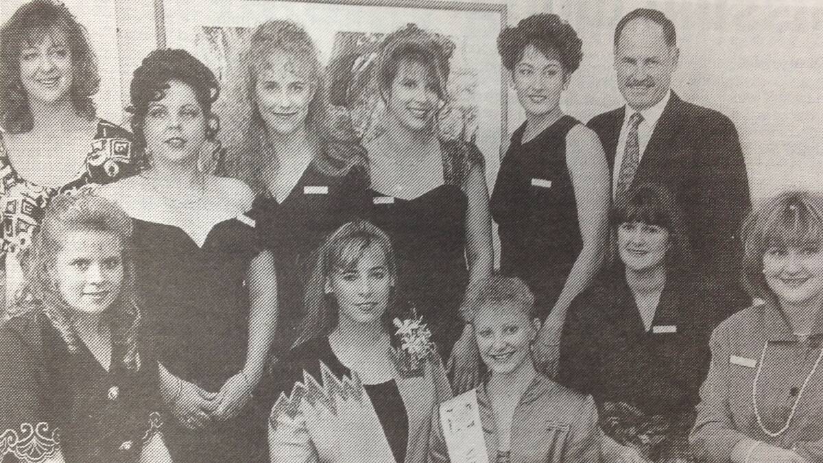 The 1994 Miss Wagga Quest entrants (back, from left) Margot Henry, Monika Boogs, Belinda Foulds, Sondra Kremerskothon, Sarah Ackroyd, Member for Riverina Noel Hicks and (front, from left) Jodie MacKender, 1993 Community Princess Karen Ingham, Miss Wagga 1993 Kylie Jacobson, Jodie Robinson and Jeanette Baillie.