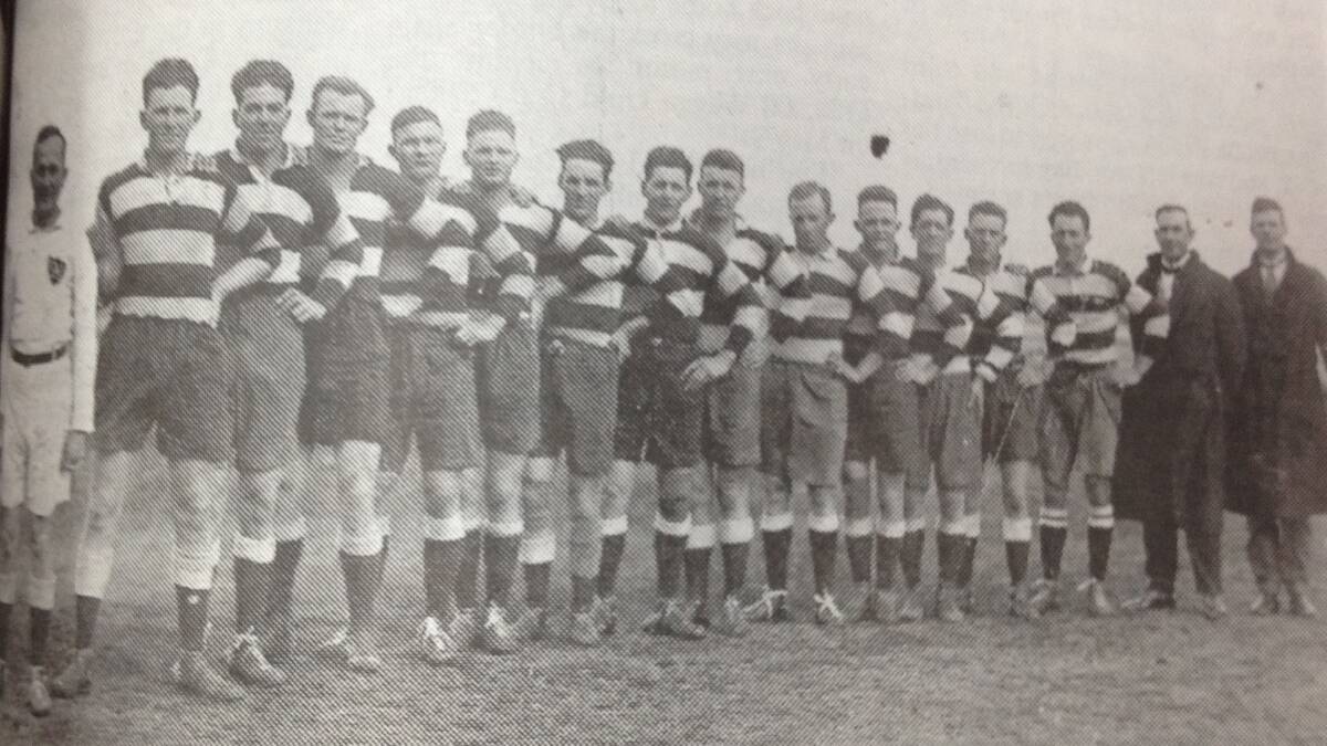 The Temora team in 1927 before the Maher Cup was (from left) W Kerr (Sydney referee), C 'Buck' Bray, Charlie Cornwell, Phil Bagwell, Arthur Meshane, Eric Curran, Harold Thomas, Charlie Cowan, Horace Anthony, 'Slender' O'Leary, John Broad 'Whisky' Meehan, Joe Constable, Eric Weissel and strapper Tom McNamara.