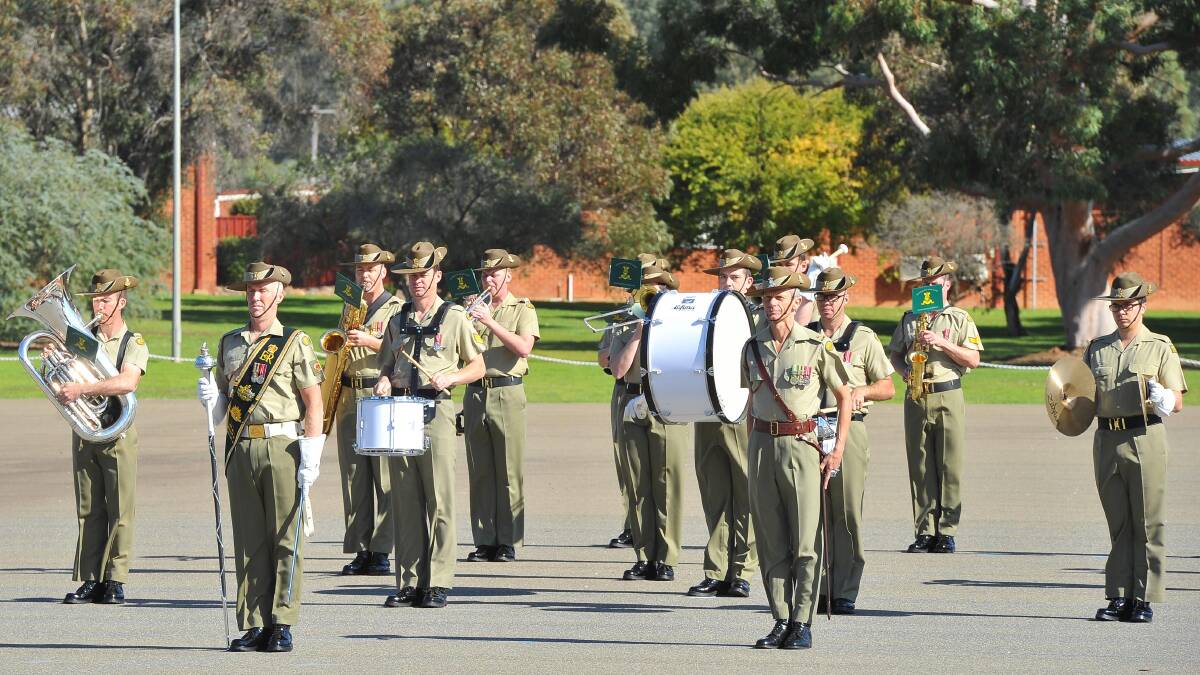 Anzac Day march out at Kapooka. The Australian Army Band Kapooka plays on the parade ground. Picture: Kieren L Tilly 