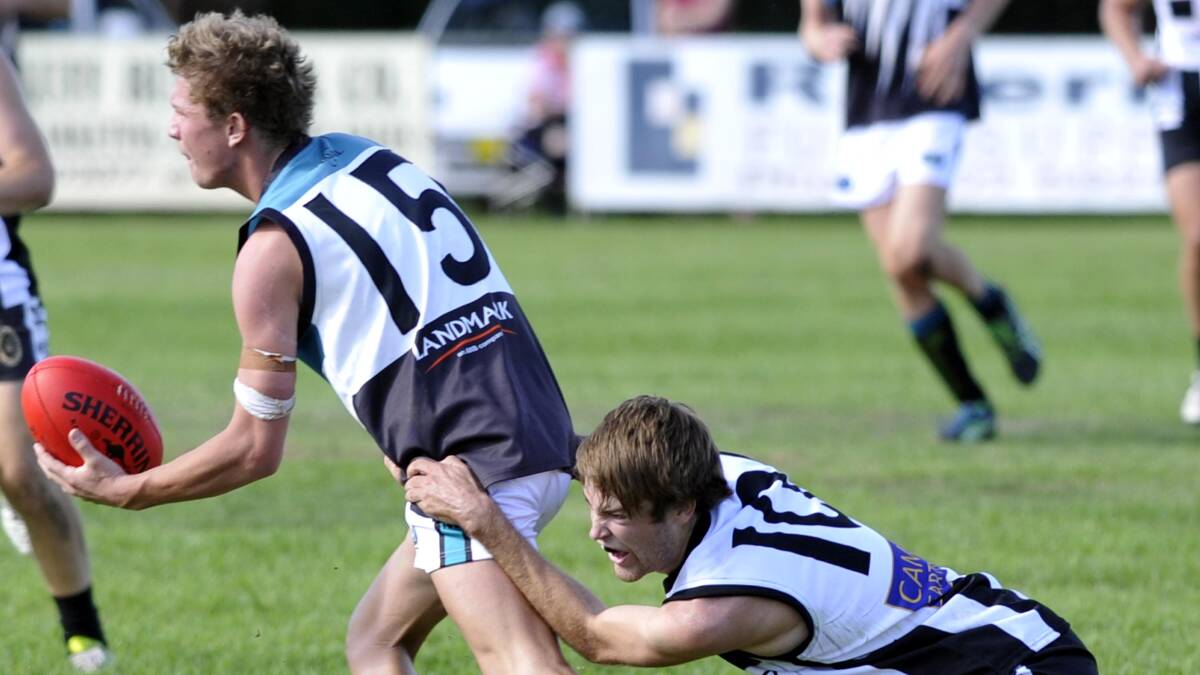Farrer league. TRYC v Northern Jets. Jets' Jack Fisher and TRYC's Luke Hillier. Picture: Les Smith 