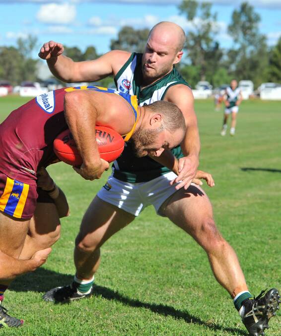RFL. Coolamon v GGGM. GGGM's Matt Clarke is tackled by Coolamon's Jamie Maddox. Picture: Kieren L Tilly