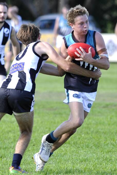 Farrer league. TRYC v Northern Jets. Jets' Jack Fisher and TRYC's Luke Hillier. Picture: Les Smith 