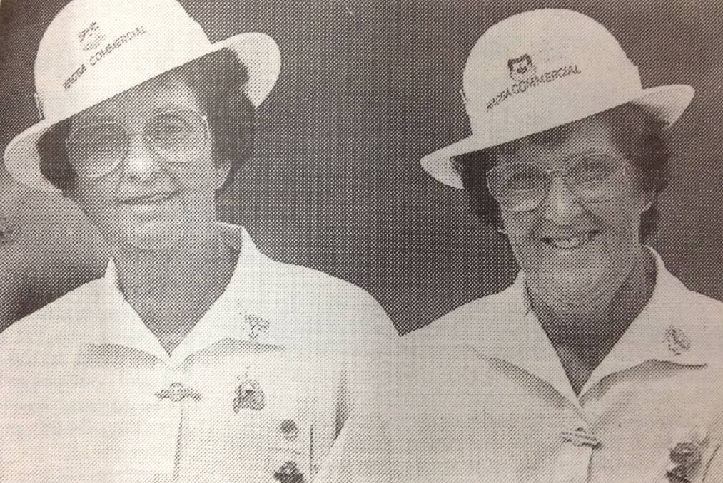 Joyce McKee and Norma Richardson wear their gold medals for winning the pairs at the national teams round robin series in Perth.