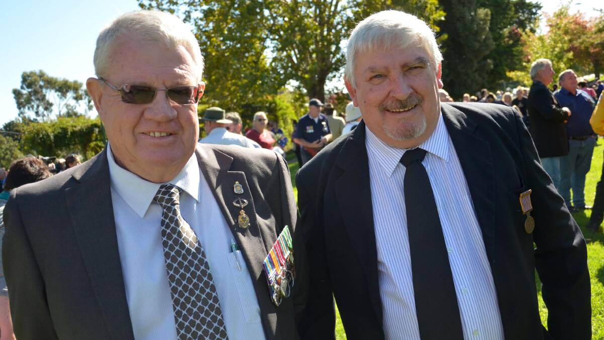 Anzac Day in Junee. Terry James from Albury and John Lewis from Junee. Picture: Declan Rurenga 