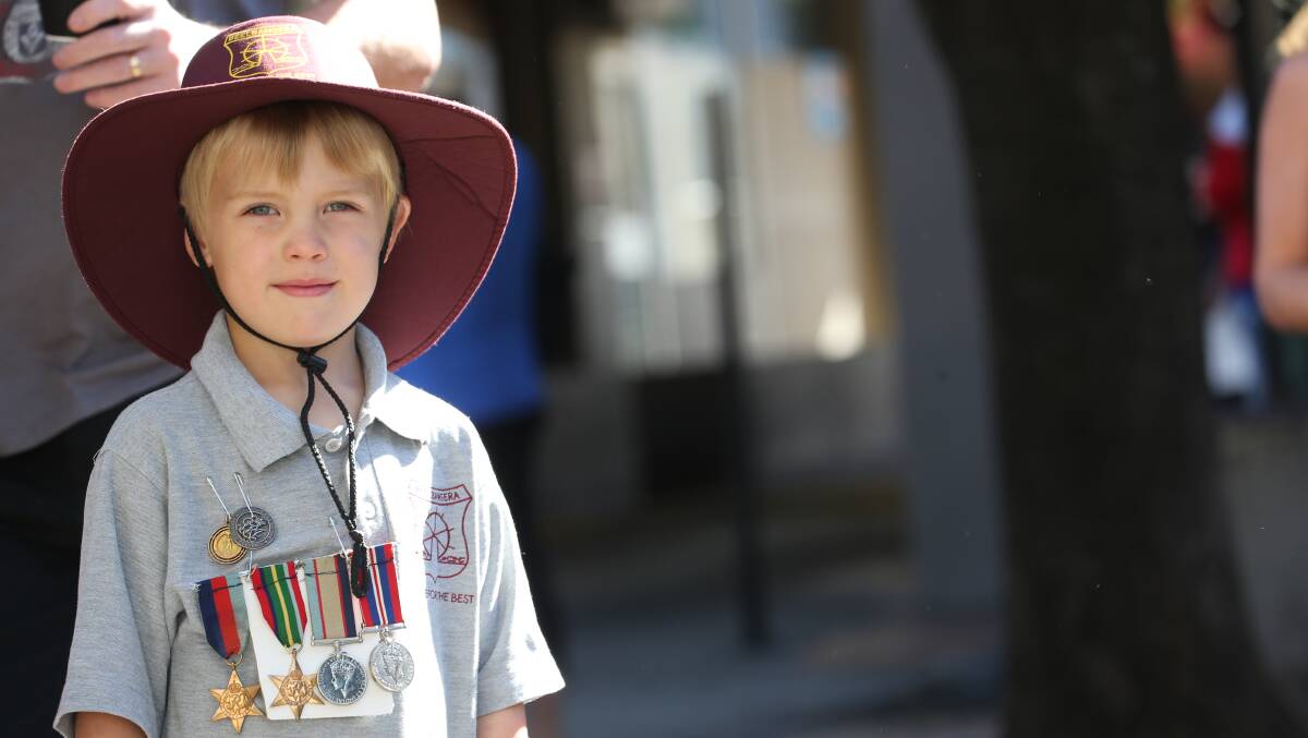 Anzac Day in Griffith. Billy Jack Ryan wearing his great great grandfather Bill Ryan and great grandfather Jack Ryan's medals. Picture: Anthony Stipo 