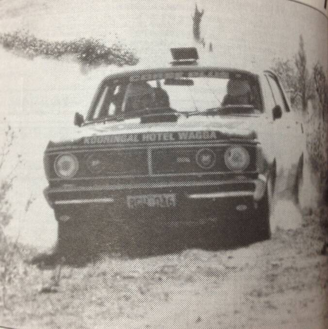 Mark Taylor and Bruce Garland stir up the dust in their GTHO during the Ray White Rally.