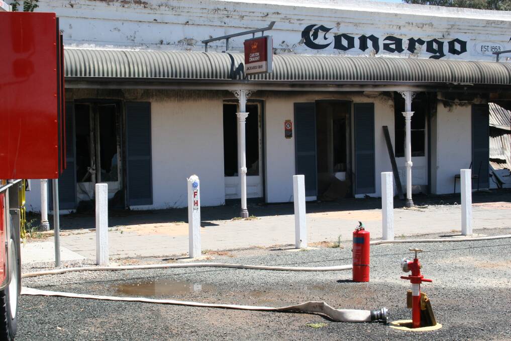 ALL THAT'S LEFT: The facade of the Conargo Pub hides the damage caused by Tuesday night's fire at the historic hotel. Picture: Nicole Barlow 