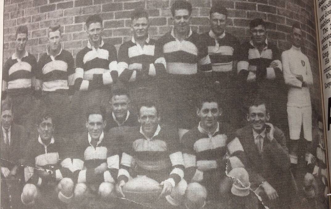 The 1928 Temora Maher Cup team (back, from left) Reg Maker, Nat Jordan, Eric Curran, Charlie Cornwell, Horace Anthony, Arthur McShane, R Raynor (referee) and (front, from left) 'Whisky' Meehan, Harold Thomas, John Broad, Eric Weissel, Charlie Cowan, Joe Riley and Joe Constable.