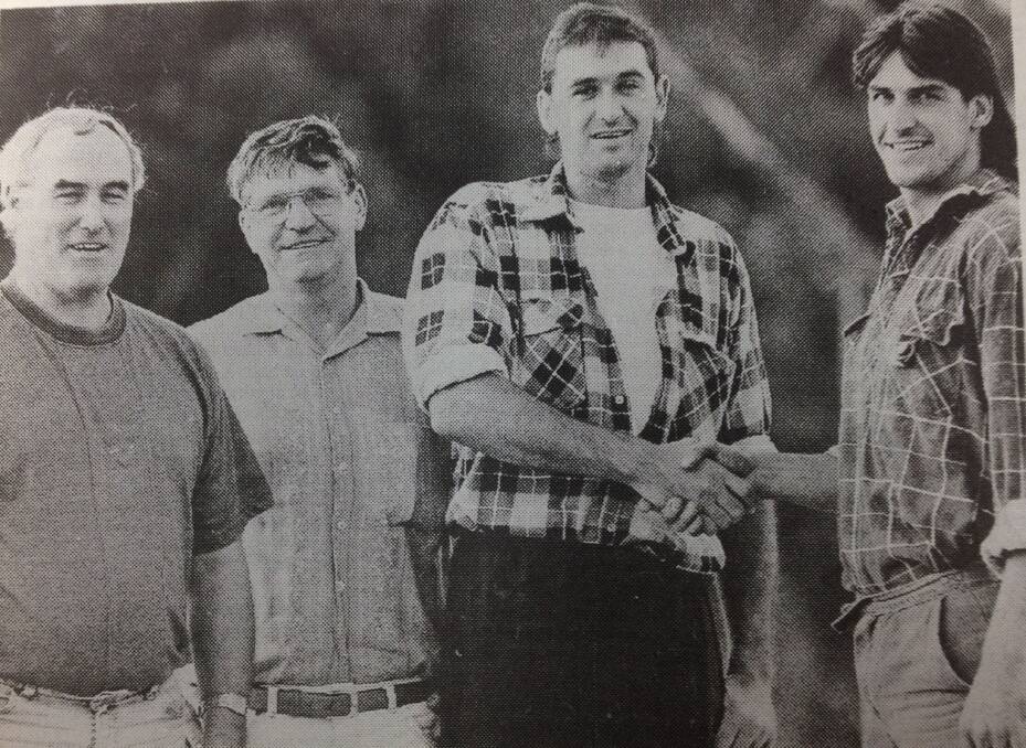 Newly appointed assistant coach Anthony Trewella (second from right) meets Collingullie-Ashmont Australian Football Club captain-coach Geoff Geoff Smith after arriving drom Darwin. Also pictured were sponsor Noel Tracey and Collingullie-Ashmont president Ken Morrow.
