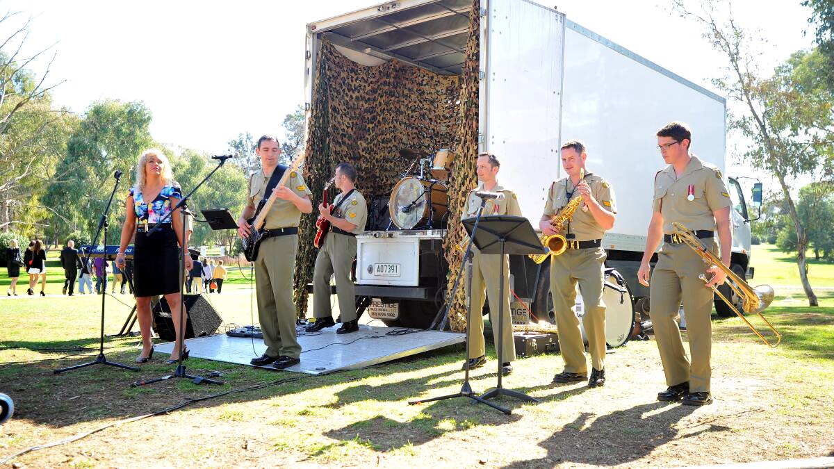 Anzac Day march out at Kapooka. The army's 'rock band' play at the march out. Picture: Keiren L Tilly