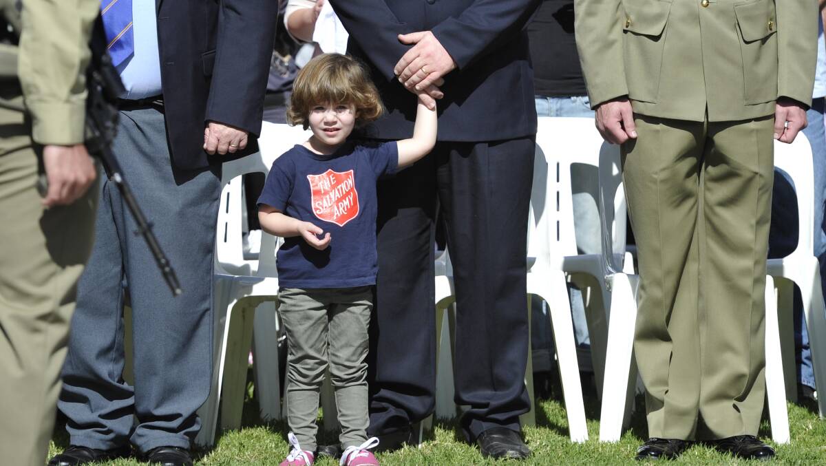 Anzac Day march down Baylis Street. Hannah Lupis, 3, of Wagga. Picture: Les Smith