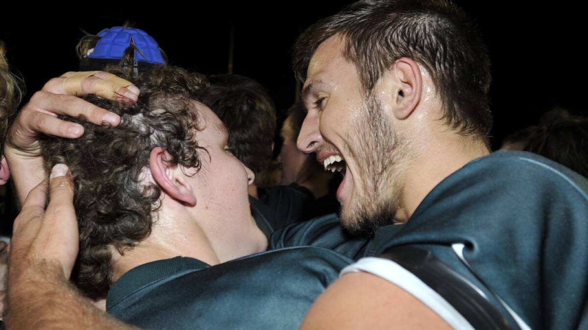 April 7. Hardy Shield grand final. The Riverina Anglican College v Kildare Catholic College. Ed Ansell (right) celebrates the win with a fellow team mate. Picture: Les Smith 