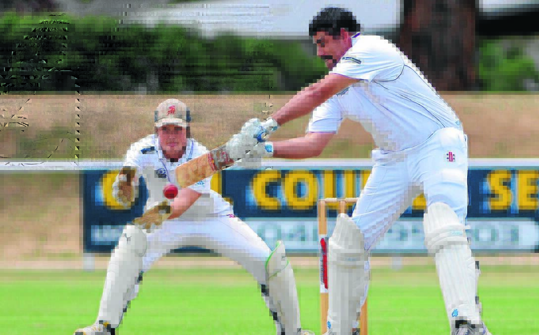 RUNS: Lake Albert batsman Jesse Hampton looks to play the ball fine as St Michaels' keeper Jared Koetz keeps a close eye on the ball in the match at McPherson Oval on Saturday. Picture: Michael Frogley