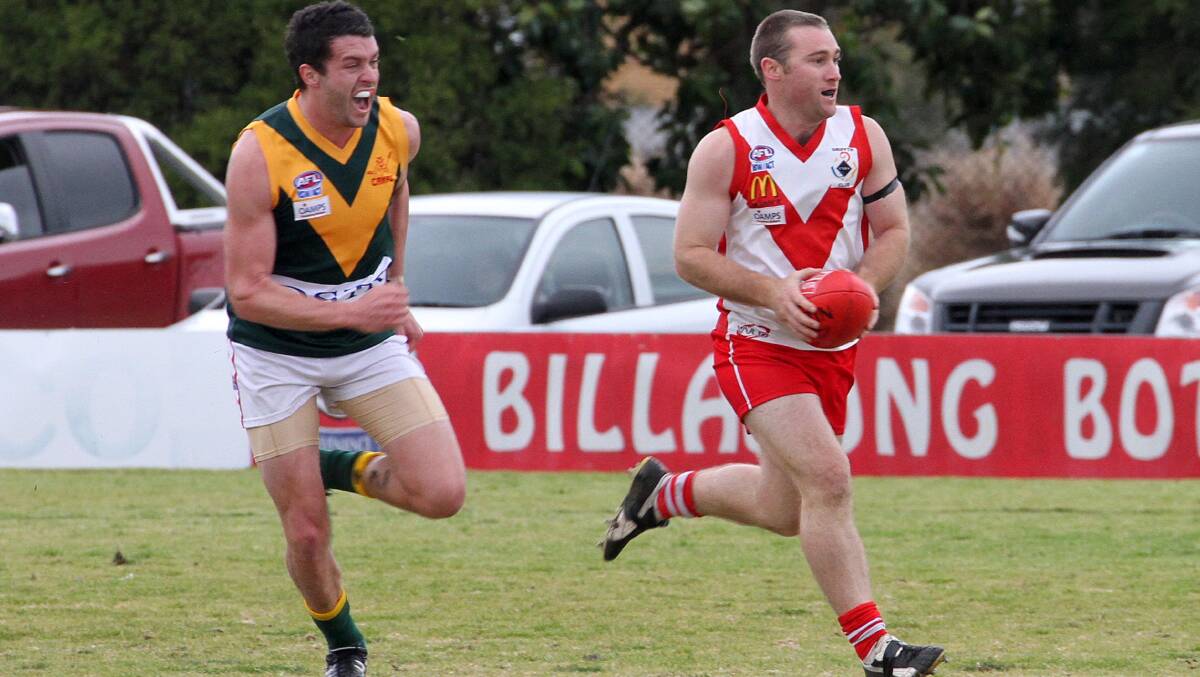 WELCOME BACK: Experienced Griffith midfielder Brett Owen (right) will return for his first senior game in a couple of years against Ganmain-Grong Grong-Matong on Sunday. Picture: Anthony Stipo