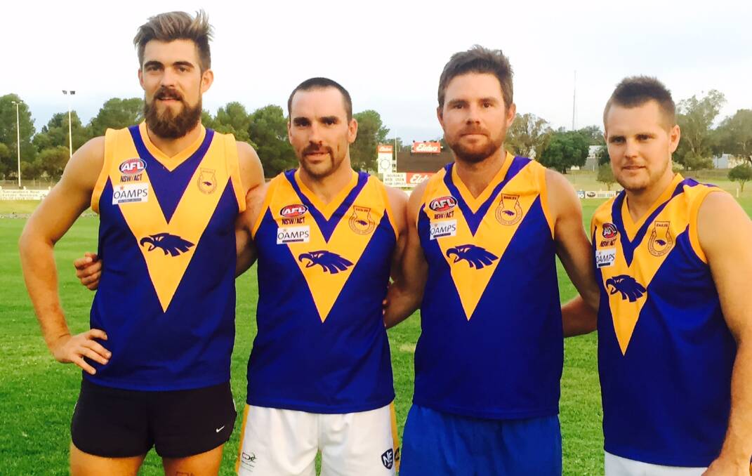 WELCOME ABOARD: Narrandera recruits Lachie Hutchins, Alex Lawder, James Sullivan and Mitch Staite get familiar with their new colours at training on Thursday night.